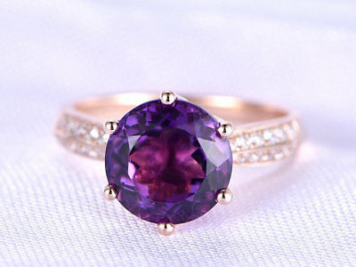 925 Sterling Silver 1 CT Round Cut Amethyst & Diamond Solitaire Engagement Ring
