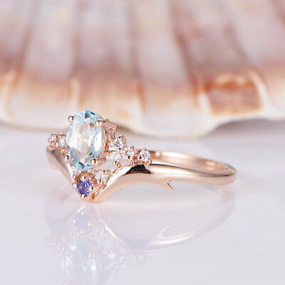 14k Rose Gold Over Oval Cut Solitaire Aquamarine Amethyst Diamond Wedding Ring - atjewels.in