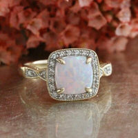 2CT Cushion Cut Fire Opal 14k Yellow Gold Over Halo Diamond Milgrain Bridal Ring - atjewels.in
