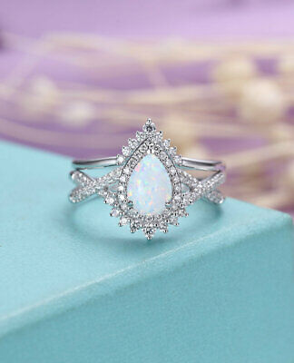 2 CT Pear Cut White Fire Opal 14k White Gold Over Diamond Vintage Halo Ring Set - atjewels.in