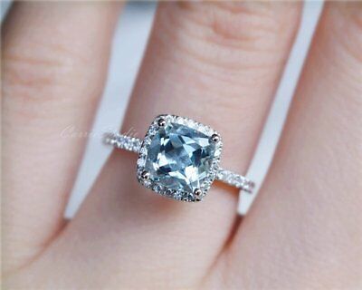 14k White Gold Over Cushion Cut Aquamarine & Diamond Halo EngagementWedding Ring - atjewels.in