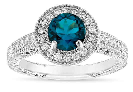2 CT Round Cut Blue Topaz Diamond 925 Sterling Sliver Unique Vintage Engagement Halo Ring