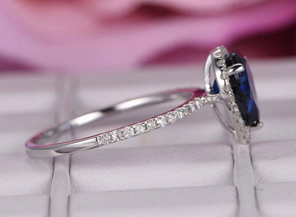 1 CT 925 Sterling Silver Sapphire Pear Cut Diamond Wedding Halo Engagement Ring