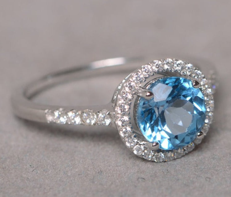 2 CT Round Cut Blue Topaz Diamond 925 Sterling Silver Engagement Halo Promise Ring