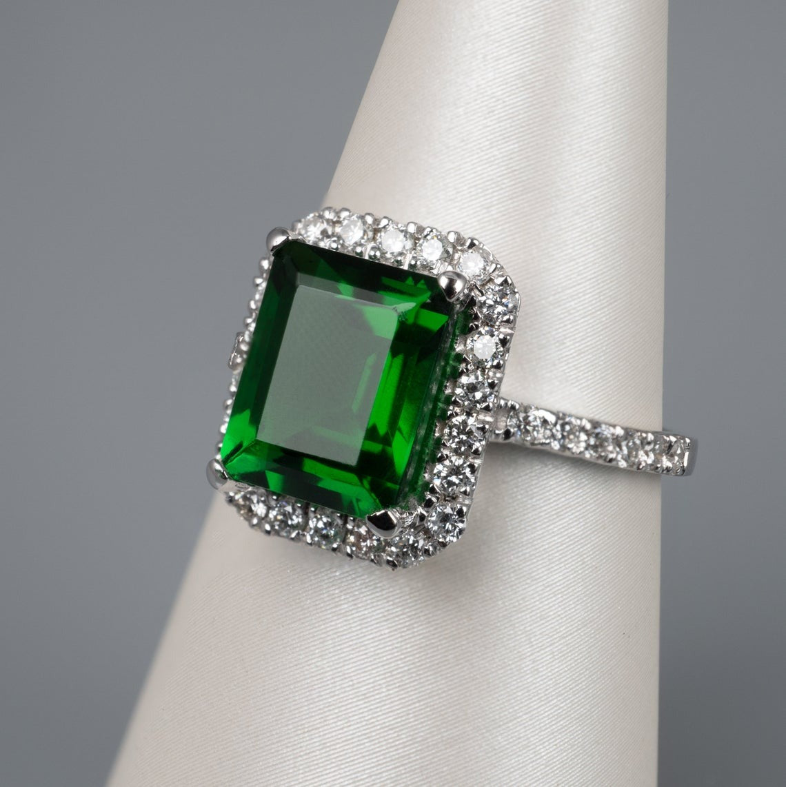 3 CT Emerald Cut Emerald Green Diamond 925 Sterling Silver Halo Unisex Engagement Ring