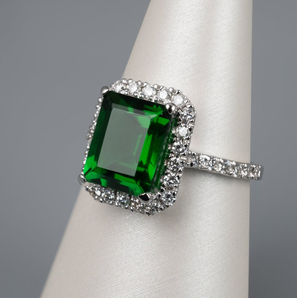 925 Sterling Silver 1 CT Emerald Cut Green Diamond Halo Anniversary Ri –  atjewels.in