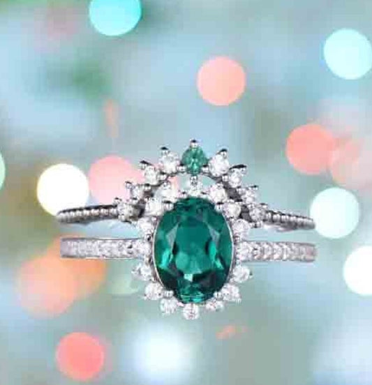 3 CT Oval Cut Green Emerald Diamond 925 Sterling Silver Halo Wedding Bridal Ring Set