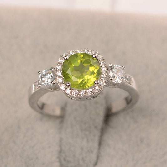 2 CT 925 Sterling Silver Green Peridot Round Cut Diamond Engagement Halo Ring