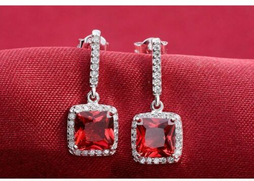 2.25 Ct Cushion Cut Red Garnet Women Halo Dangle Earrings In 925 Sterling Silver