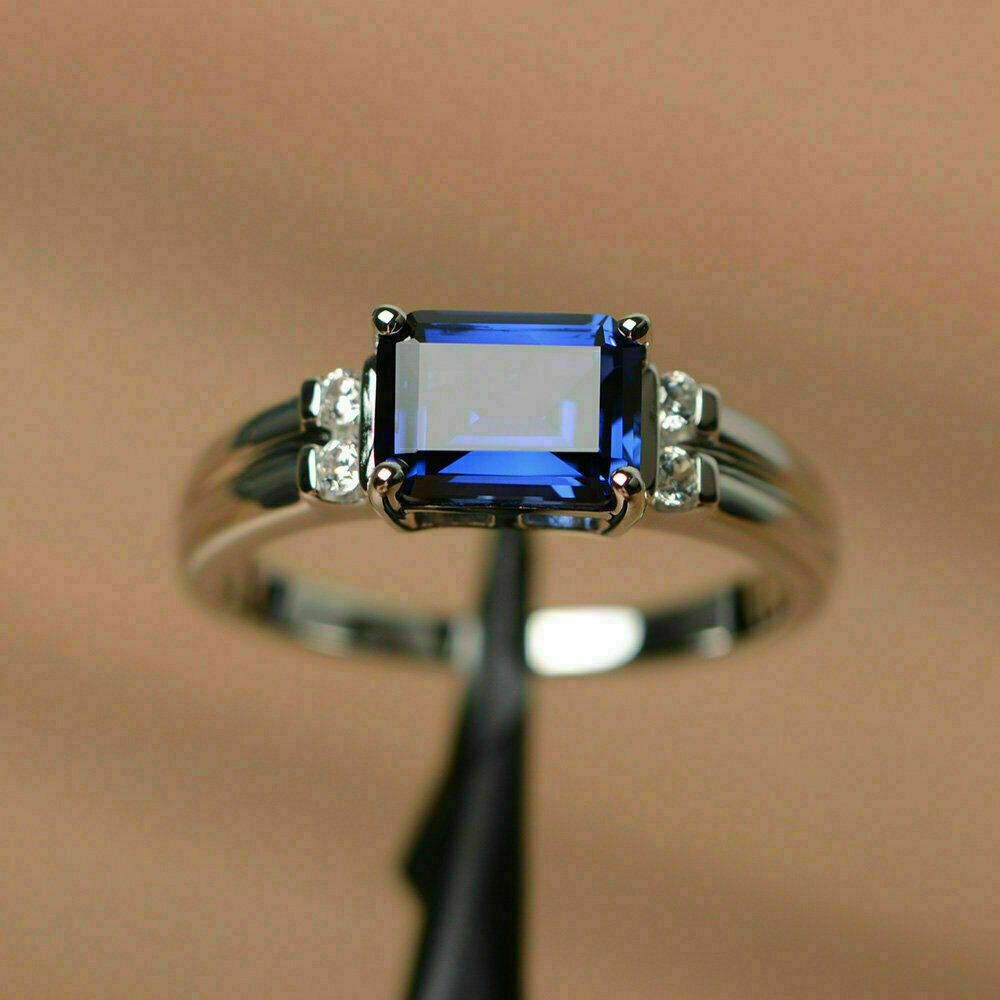 2.00 Ct Emerald Cut Blue Sapphire Solitaire Engagement Ring 14K White Gold Over On 925 Sterling Silver