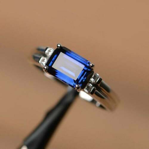 2.00 Ct Emerald Cut Blue Sapphire Solitaire Engagement Ring 14K White Gold Over On 925 Sterling Silver