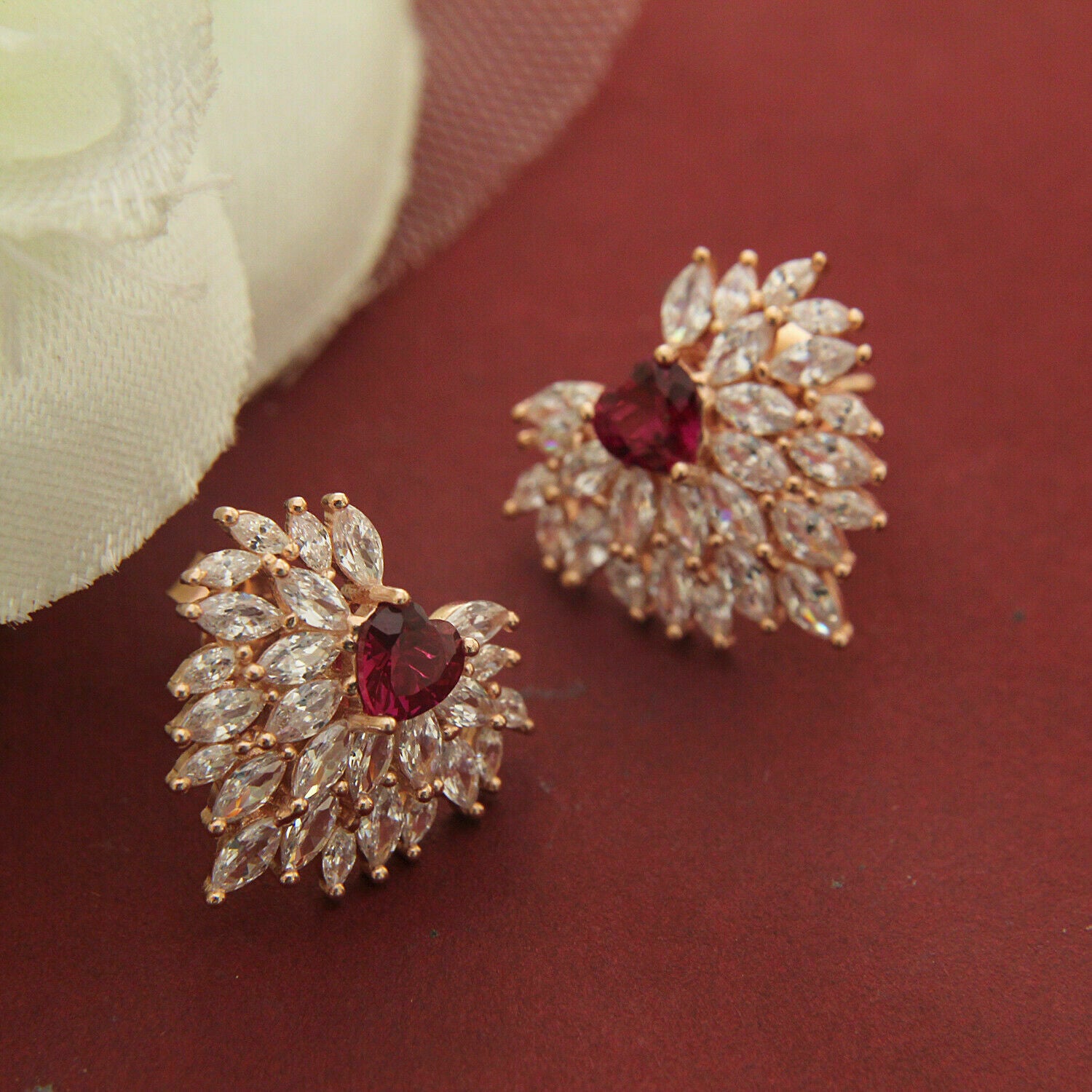 3.50 Ct Heart Cut Red Ruby & Marquise Diamond Gorgeous Stud Earrings In 925 Sterling Silver - atjewels.in