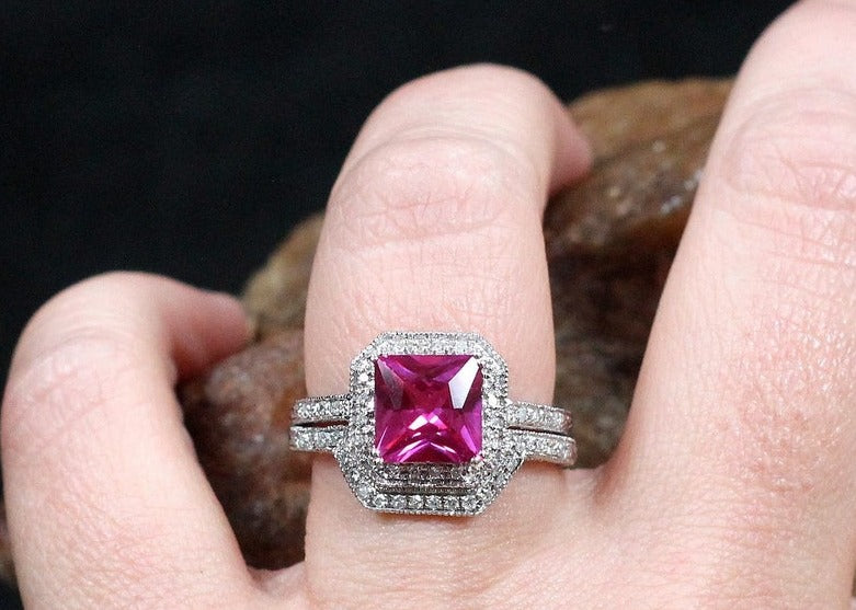1 CT Princess Cut Pink Sapphire Diamond 925 Sterling Silver Wedding Band Ring Set