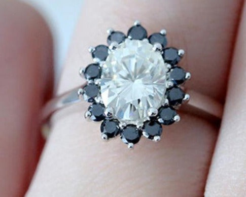 2 CT Oval & Round Cut Black Cubic Zirconia Diamond 925 Sterling Silver Women Engagement Halo Ring