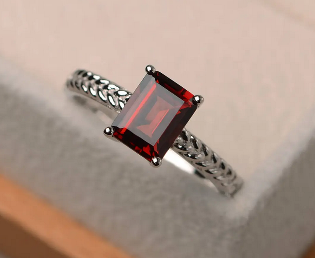 1 CT Emerald Cut Red Garnet White Gold Over On 925 Sterling Silver Solitaire Engagement Ring
