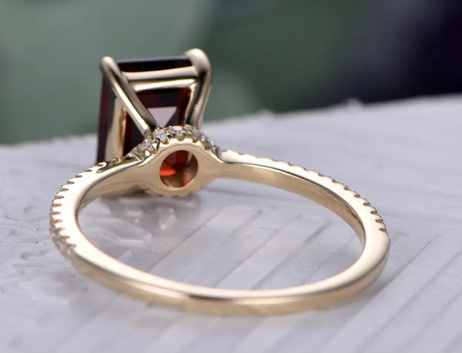 1 CT Emerald Cut Red Garnet Yellow Gold Ove On 925 Sterling Silver Solitaire W/Accents Ring