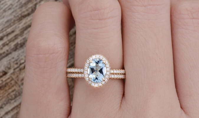 1 CT Oval Cut Aquamarine Rose Gold Over On 925 Sterling Silver Halo Women Bridal Ring Set