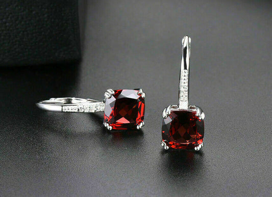 2.10 Ct Cushion Cut Red Garnet White Gold Over On 925 Sterling Silver Dangle Women's Earrings