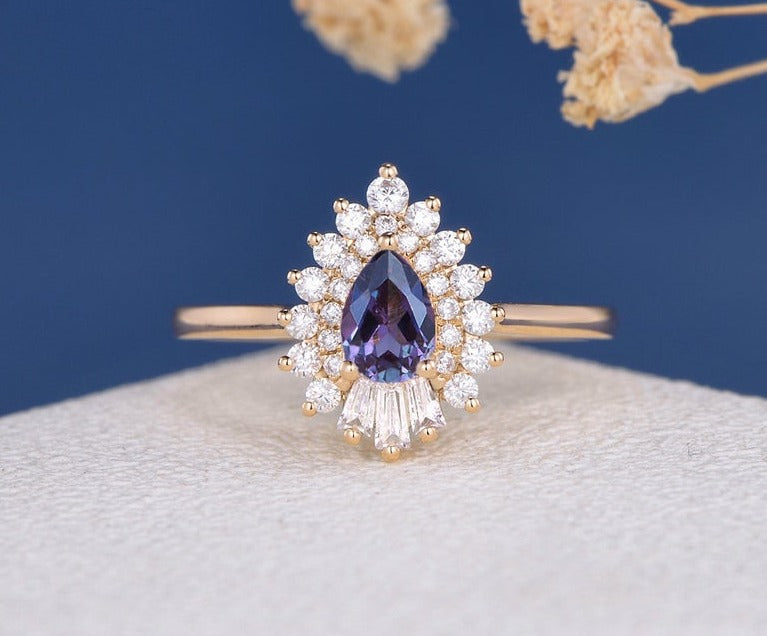 2 CT Pear Cut Alexandrite Diamond  925 Sterling Silver Antique Baguette Cluster Wedding Ring