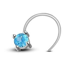 ATJewels 14K White Gold Over 925 Sterling Silver with Round Cut Aqua Aquamarine Nose Pin for Women Girls Daily Wear - atjewels.in