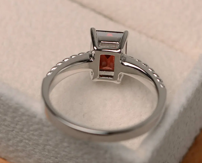 1 CT Emerald Cut Red Garnet White Gold Over On 925 Sterling Silver Solitaire Engagement Ring