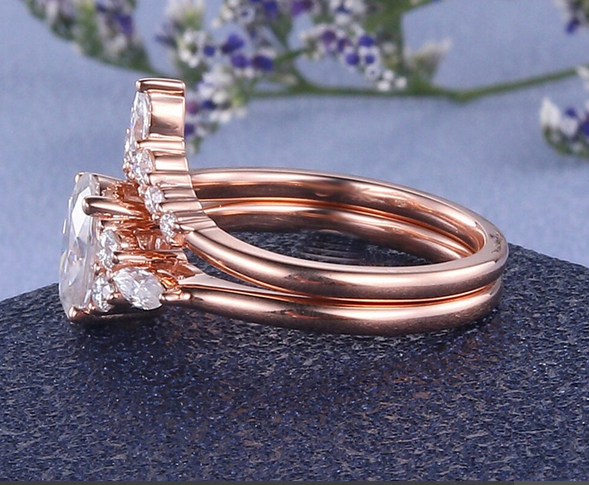 1 CT Oval Cut Rose Gold Over On 925 Sterling Silver Bridal Promise Ring Set