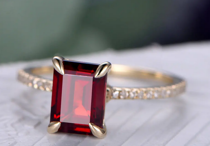 1 CT Emerald Cut Red Garnet Yellow Gold Ove On 925 Sterling Silver Solitaire W/Accents Ring
