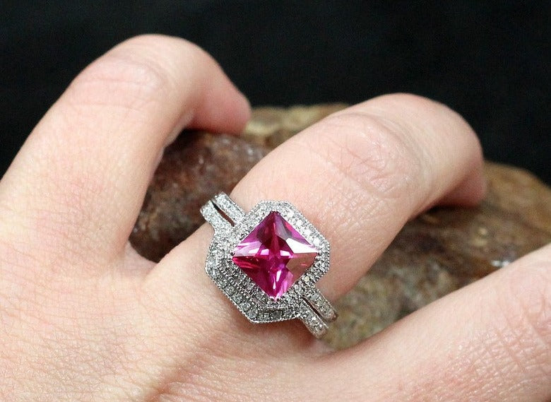 1 CT Princess Cut Pink Sapphire Diamond 925 Sterling Silver Wedding Band Ring Set