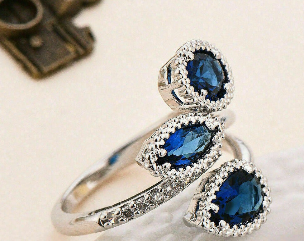 Three Stone Wedding Ring 3 CT Diamond & Sapphire 925 Sterling Silver