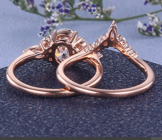 1 CT Oval Cut Rose Gold Over On 925 Sterling Silver Bridal Promise Ring Set
