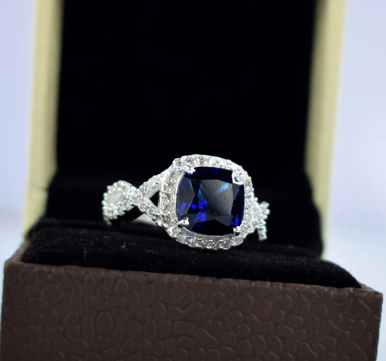 1 CT Cushion Cut Blue Sapphire White Gold Over On 925 Sterling Silver Halo Anniversary Ring