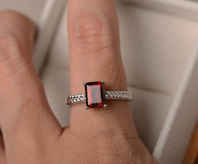 1 CT Emerald Cut Red Garnet White Gold Over On 925 Sterling Silver Solitaire Engagement Ring