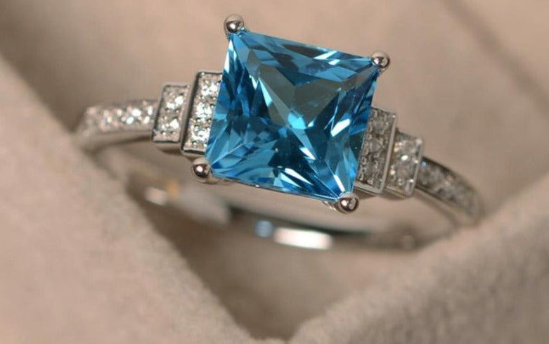 1 CT Princess Cut Blue Topaz Diamond 925 Sterling Sliver Women Engagement Promise Ring