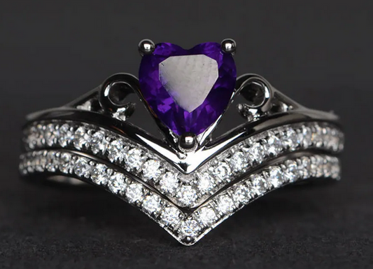 1 CT Heart Cut Amethyst White Gold Over On 925 Sterling Silver Wedding Ring Set