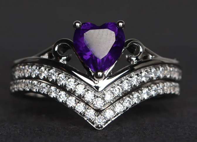 1 CT Heart Cut Amethyst White Gold Over On 925 Sterling Silver Wedding Ring Set