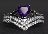 1 CT Heart Cut Amethyst White Gold Over On 925 Sterling Silver Wedding Ring Set