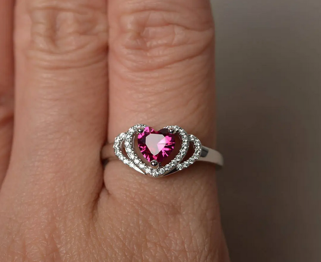 1 CT Heart Cut Red Ruby White Gold Over On 925 Sterling Silver Double Halo Anniversary Ring