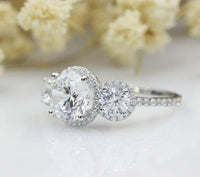 3 CT 925 Sterling Silver 3 Stone Round Cut Diamond Halo Engagement Ring