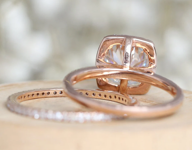 1 CT Cushion Cut Rose Gold Over On 925 Sterling Silver Wedding Ring Set