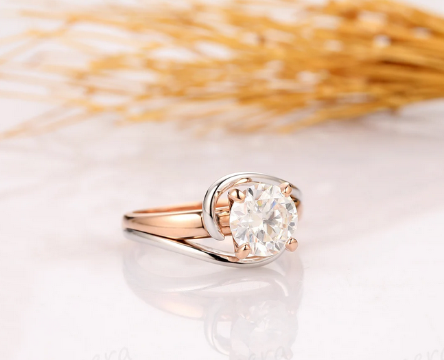 1.5 CT Round Cut Rose Gold Over On 925 Sterling Silver Two Tone Wedding Ring