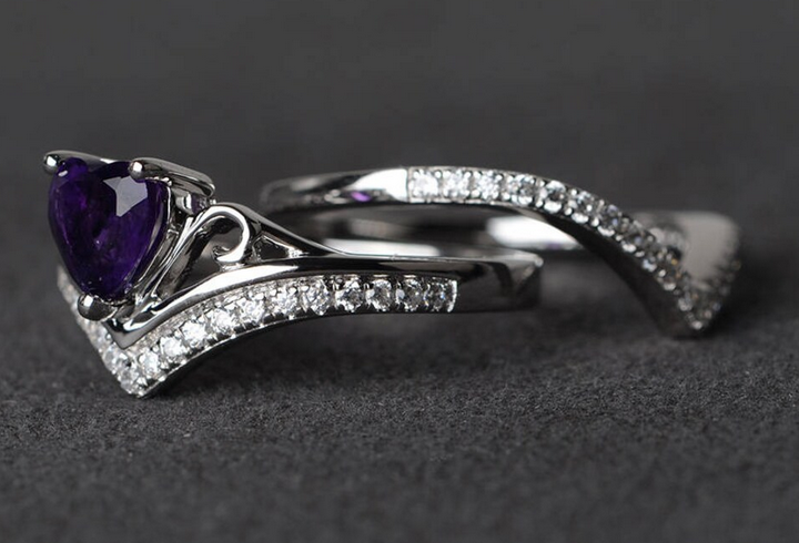 1 CT Heart Cut Amethyst White Gold Over On 925 Sterling Silver Wedding Ring Set