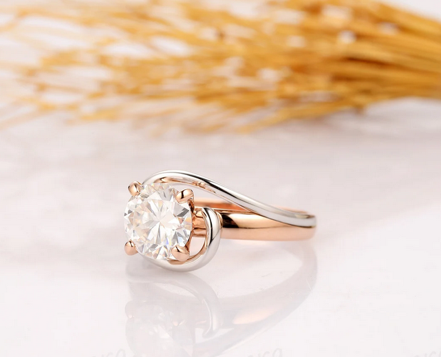 1.5 CT Round Cut Rose Gold Over On 925 Sterling Silver Two Tone Wedding Ring