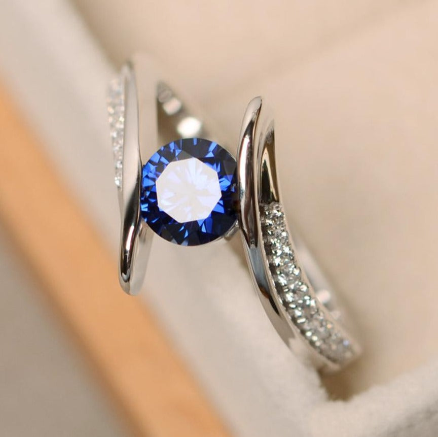 1 CT 925 Sterling Sliver Sapphire Round Cut Diamond Wedding Engagement Ring