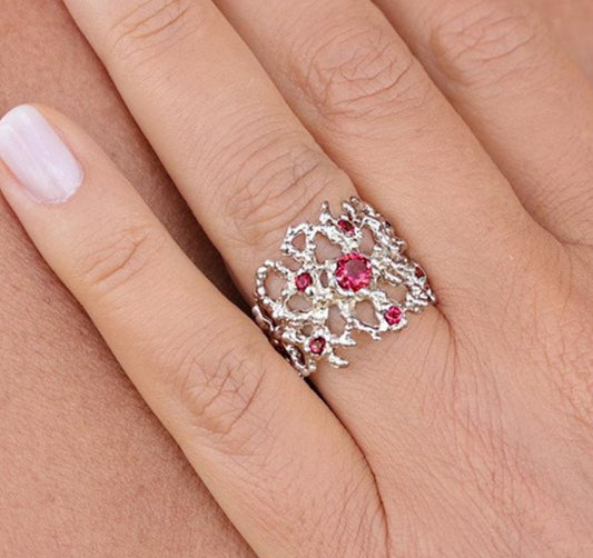 1 CT 925 Sterling Silver Red Ruby Round Cut Wedding Band Ring
