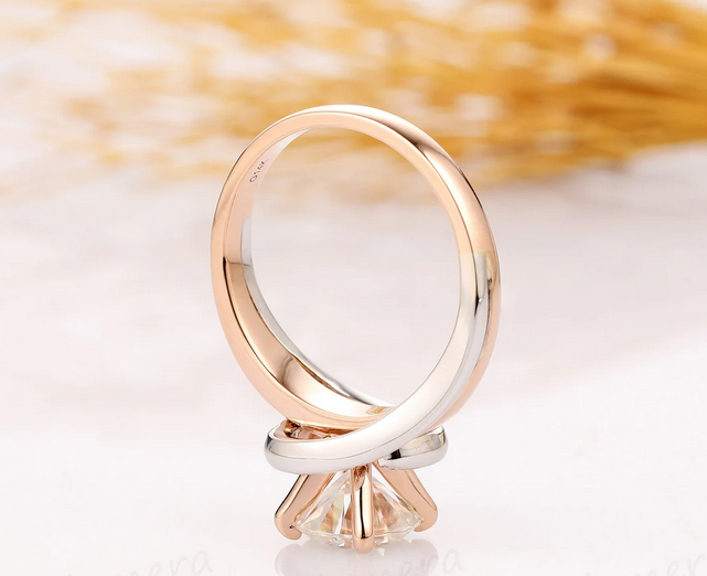 1.5 CT Round Cut Rose Gold Over On 925 Sterling Silver Two Tone Wedding Ring