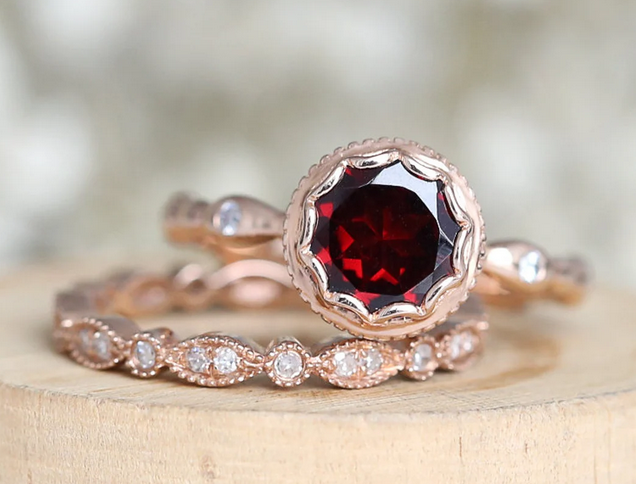 1 CT Round Cut Dark Red Garnet Rose Gold Over On 925 Sterling Silver Engagement Ring Set