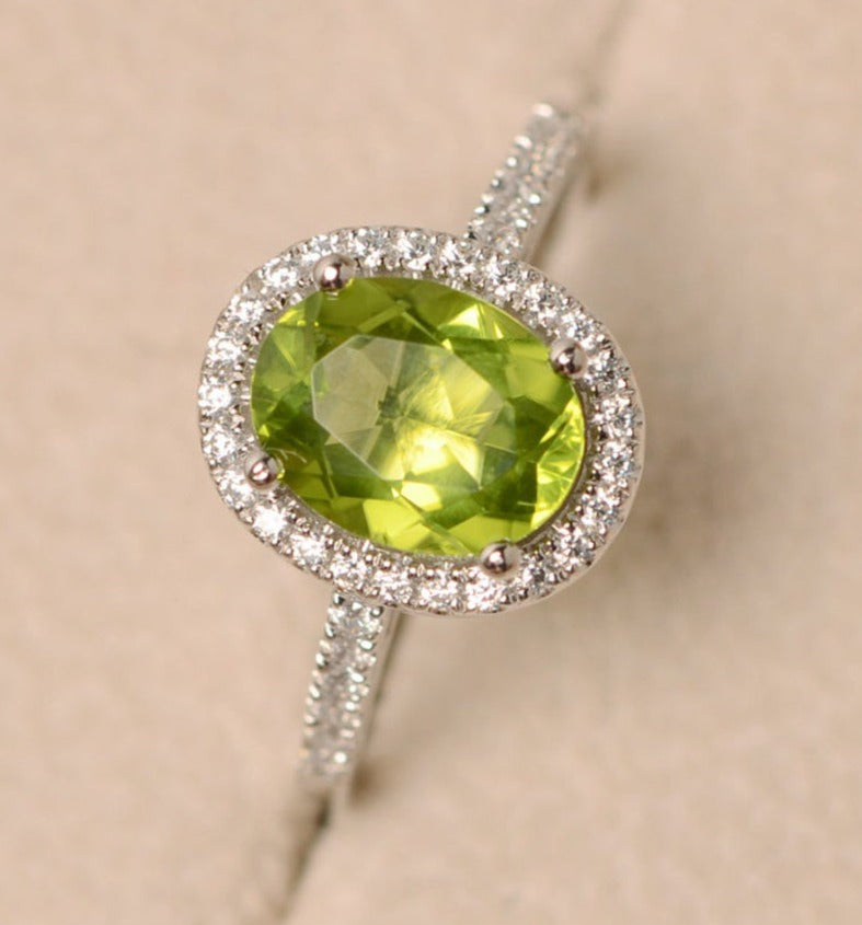 2 CT 925 Sterling Silver Green Peridot Oval Cut Diamond Anniversary Halo Ring
