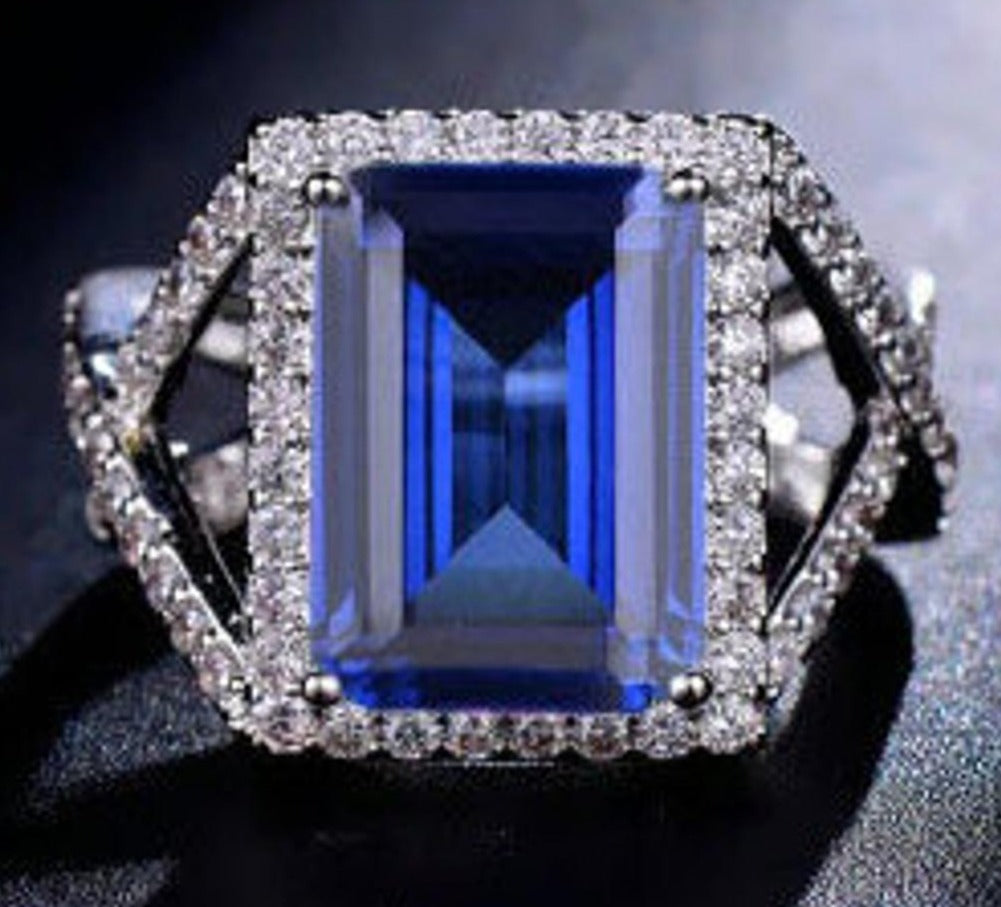 1 CT 925 Sterling Silver Wedding Sapphire Emerald Cut Diamond Halo Anniversary Ring