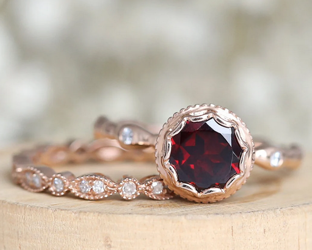 1 CT Round Cut Dark Red Garnet Rose Gold Over On 925 Sterling Silver Engagement Ring Set