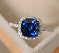 2 CT 925 Sterling Silver Blue Sapphire Cushion Cut Diamond Halo Engagement Ring